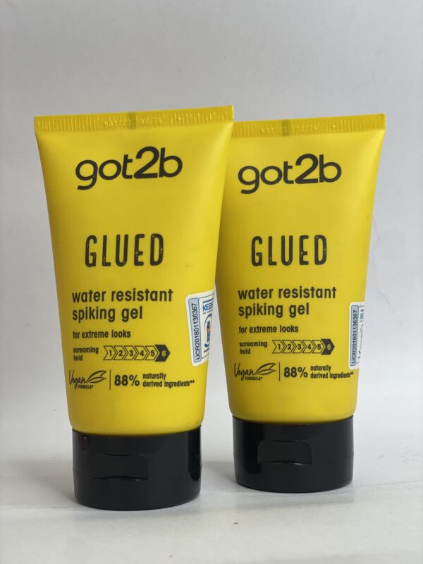 Got2B Glued Water Resistant Spiking Gel for creating strong, long-lasting spikes and styles with water-resistant hold."